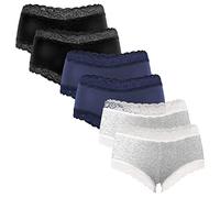 Fabio Farini - 6 Stück Damen Hipster Baumwoll Unterhosen Frauen Höschen Slips Panties Unterwäsche Spitze Sets Pack - Hotpants Brazilian mehrpack 2X Schwarz/2x Blau/2x Grau Melange 36