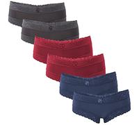 Fabio Farini - 6er Pack Damen Panties Hipster mit verführerischen Spitzendetails - Frauen Unterhosen Brazilian Slips Brasil Spitze Set Unterwäsche 2X Blau/2x Rot/2x Grau 40-42