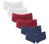 Fabio Farini - 6er Pack Damen Panties Hipster mit verführerischen Spitzendetails - Frauen Unterhosen Brazilian Slips Brasil Spitze Set Unterwäsche 2X Weiß/2x Blau/2x Rot 44-46