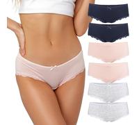 Fabio Farini - 6er Set Brazilian Slip Damen Unterhosen aus Baumwolle, Hipster Pantys mit Spitze, Unterwäsche für Frauen im Mehrpack, 2X Dunkelblau/2x Grau/2x Rosa XL