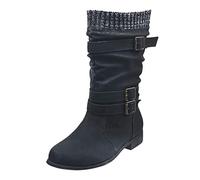 FACAIAFALO Damen CowboyStiefel Halbhohe Stiefel Cowboystiefel für Damen Vintage Split Pattern Pointed Toe Slip-On Stiefel mit mittlerer Wade Anti-Rutsch-Blockabsatz Winter Lederstiefel