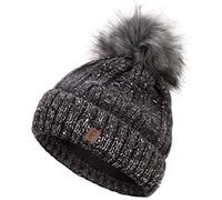 Faera Wintermütze Mütze Damen gefüttert mit Pailletten Bommelmütze Fleecefutter Winter Strickmütze Beanie-Mütze, Farbe:Schwarz