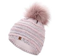 Faera Wintermütze Mütze Damen Pailletten warm gefüttert Bommelmütze Fleecefutter Winter Mädchen Strickmütze Beanie Weihnachten 36, Farbe:Rose