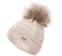 Faera Wintermütze Mütze Damen Pailletten warm gefüttert Bommelmütze Fleecefutter Winter Mädchen Weihnachten Strickmütze Beanie, Farbe:Beige