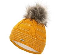 Faera Wintermütze Mütze Damen Pailletten warm gefüttert Bommelmütze Fleecefutter Winter Mädchen Weihnachten Strickmütze Beanie, Farbe:Senf