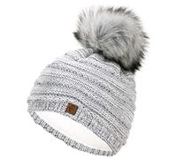 Faera Wintermütze Mütze Damen Pailletten warm gefüttert Bommelmütze Fleecefutter Winter Mädchen Strickmütze Beanie Weihnachten 36, Farbe:Hellgrau