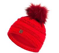 Faera Wintermütze Mütze Damen warm gefüttert mit Pailletten Kunstfell Bommel-Mütze Fleecefutter Winter Herbst Strickmütze Beanie Mädchen 62, Farbe:Rot