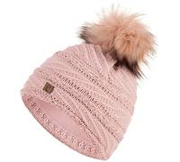 Faera Wintermütze Mütze Damen warm gefüttert mit Pailletten Kunstfell Bommel-Mütze Fleecefutter Winter Herbst Strickmütze Beanie Mädchen 62, Farbe:Rosa