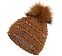 Faera Wintermütze Mütze Damen warm gefüttert mit Pailletten Kunstfell Bommel-Mütze Fleecefutter Winter Herbst Strickmütze Beanie Mädchen 62, Farbe:Braun
