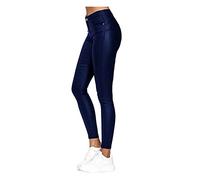 FAFAKO Damen Kunstleder Leggings Waist Hose Glänzend Enge Blickdicht Strumpfhosen Shapewear Freizeithose Hüfthose Hüfthoch Thermal Yoga(Blue,XXL)