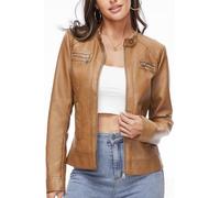 Fahsyee Damen Lederjacken, Reißverschluss-Motorradjacke Aus Kunstleder Kurze PU Moto Biker Oberbekleidung Schlanke Passform Größe XL, Kamel