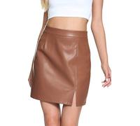Fahsyee Lederrock Damen Faux Mini Elastisch Hohe Taille Plus Größe Bleistift Aline Bodycon Vegane Stretch Röcke Braun XL
