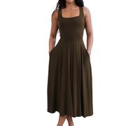 FairBeauty Damen Kleid mit quadratischem Ausschnitt, lässig, ärmellos, lang, dehnbar, Sommerkleid, Sommerkleid mit Taschen, Dunkelbraun, Mittel