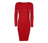 FAIRY BOUTIQUE Bedrucktes Midi-Kleid für Damen, Rundhalsausschnitt, Stretch, einfarbig, langärmelig, schmale Passform, Party-Kleid, rot, 46-48