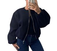 FAIRY BOUTIQUE Damen-Bomberjacke mit Ballonärmeln, lässig, Streetwear, viraler Reißverschluss, leicht, 2 Seitentaschen, Rundhalsausschnitt, kurze Jacke, navy, 8-10