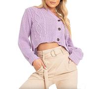 FAIRY BOUTIQUE Damen Strickjacke mit 3 Knöpfen, bauchfrei, grob, mit Zopfmuster, Flieder, 34-36