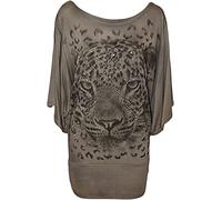 FAIRY BOUTIQUE Damen-T-Shirt mit Fledermausärmeln und U-Ausschnitt, lässiges T-Shirt für Damen, Tiger-Glitzer, Baggy, ausgefallene Party-Top, mokka, 42