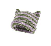 Fairy Grunge Beanie Y2K Katze in der Mütze, gestreift, gehäkelt, Slouchy Mütze, Winter, warm, gestrickt, Alt, Kopfbedeckung, Zubehör, Violett, Medium