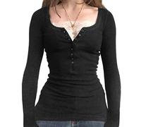 Fairy Grunge Shirt für Damen, Y2K, Spitze, Patchwork, langärmelig, Henley-Top, kokett, ästhetisch, niedlich, für Teenager-Mädchen, Schwarz, XL