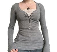 Fairy Grunge Shirt für Damen, Y2K, Spitze, Patchwork, langärmelig, Henley-Top, kokett, ästhetisch, niedlich, für Teenager-Mädchen, Grau, M