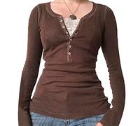 Fairy Grunge Shirt für Damen, Y2K, Spitze, Patchwork, langärmelig, Henley-Top, kokett, ästhetisch, niedlich, für Teenager-Mädchen, Braun, Klein