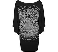 FAIRY TRENDZ LTD Damen-T-Shirt mit Rundhalsausschnitt, Fledermausärmel, Glitzer, Tiger, bedruckt, Pailletten, Baggy, Schwarz , 40