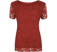 FAIRY TRENDZ LTD Damen-Top mit Blumenmuster, Spitze, Pailletten, gefüttert, kurzärmelig, Party-Top, Übergröße, EU 42-56, wein, 46