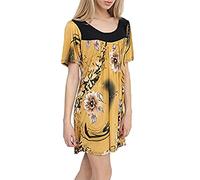 FAIRY TRENDZ LTD Damen Tunika mit kurzen Ärmeln, Stretch, U-Ausschnitt, Blumendruck, lang, lange Kittel, Senf-Blumenmuster, 44