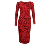 FAIRY TRENDZ LTD Figurbetontes Stretch-Kleid für Damen, langärmelig, Midi-Kleid, Rundhalsausschnitt, für Partys, bedruckt, schmale Passform Gr. 34-36, rotes leopardenmuster