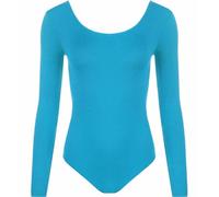 FAIRY TRENDZ LTD Stretch-Body für Damen, langärmelig, einfarbig, U-Ausschnitt, Gymnastikanzug, Oberteil, T-Shirt, türkis, 12-14