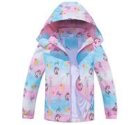 FAIRYRAIN Kinder Mädchen wasserdichte Cartoon Einhorn Print Jacke Übergangsjacke Regenjacke Kinder Softshelljacken Funktionsjacke mit Kapuze Outdoorjacke