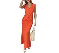 Fakanhui Damen Leinen 2-teiliges Outfit Langer Maxirock Set Weste Anzug Business Casual Urlaub Sommer Sets, Orange/Abendrot im Zickzackmuster (Sunset Chevron), Klein
