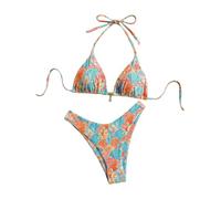 Falainetee Damen-Badeanzug mit Blumenpflanzen-Druck, hohe Taille, Neckholder, Boho-Badeanzug, Bikini-Set