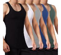 FALARY Unterhemd Herren Tank Top 5er Pack gekämmte Feinripp Baumwolle, Schwarz Weiß Grau Marine + Olive, L