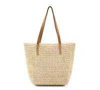 Faletony Stroh Strandtasche Flechttasche Strohtasche Groß Umhängetasche Sommer Shopper Handtasche Einkaufstasche Korbtasche für Strand Reise Einkauf (Stil 2-Beige)