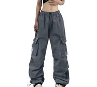 Fallschirmhose Damen Baggy Cargohose mit Taschen Oversize Y2K Hose Hip Hop Fallschirm Freizeithose mit Gummizug Drawstring Jogginghose Weites Bein Lange Hosen Teenager Mädchen Sweathose Streetwear