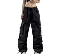 Fallschirmhose Damen Baggy Cargohose mit Taschen Oversize Y2K Hose Hip Hop Fallschirm Freizeithose mit Gummizug Drawstring Jogginghose Weites Bein Lange Hosen Teenager Mädchen Sweathose Streetwear