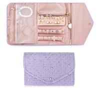Faltbare Reise Schmuck Organizer,Leder Schmuckaufbewahrung Schmuckrollen Tragbare,Aufbewahrungstasche für Schmuck, Schmuckrolle Organizer Tasche für Ohrringe Halsketten Ringe Armbänder Uhren (Lila)