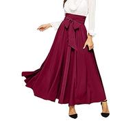 Faltenrock für Damen, Sommer, lang, hohe Taille, Retro, Maxirock, Trapezrock, einfarbig, lässig, schick, elegant, fließend, lang, Swing, Cocktailrock, mit Gürtel, Burgunderrot, S