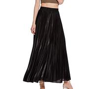 Faltenrock Maxi Damen Langer Plisseerock Hohe Taille Grelle Farbe Rock Schwarz S