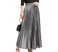 Faltenrock Maxi Damen Langer Plisseerock Hohe Taille Grelle Farbe Rock Silber M