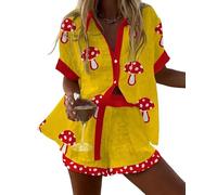 famesale Damen 2-teilige Hawaii-Outfits Tropische Blumen Erdbeer-Tomate Hund Katze Grafik Shirts und Shorts Strandurlaub-Set Boho Lässige Sommer-Strandbekleidung