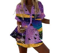 famesale Damen 2-teilige Hawaii-Outfits Tropische Blumen Erdbeer-Tomate Hund Katze Grafik Shirts und Shorts Strandurlaub-Set Boho Lässige Sommer-Strandbekleidung