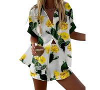 famesale Damen Sommer Cool Kurzarmshirt und Kordelzug-Shorts 2-teiliger Satz Fisch Hummer Tiere Blumen 3D-Druck Locker Hawaiianisch Bohemia Strandbekleidung