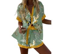 famesale Damen Sommer Cool Kurzarmshirt und Kordelzug-Shorts 2-teiliger Satz Fisch Hummer Tiere Blumen 3D-Druck Locker Hawaiianisch Bohemia Strandbekleidung
