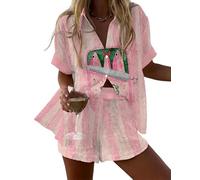 famesale Damen Sommer Cool Kurzarmshirt und Kordelzug-Shorts 2-teiliger Satz Fisch Hummer Tiere Blumen 3D-Druck Locker Hawaiianisch Bohemia Strandbekleidung