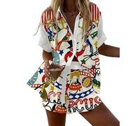 famesale Damen Sommer Cool Kurzarmshirt und Kordelzug-Shorts 2-teiliger Satz Fisch Hummer Tiere Blumen 3D-Druck Locker Hawaiianisch Bohemia Strandbekleidung
