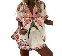 famesale Damen Sommer Cool Kurzarmshirt und Kordelzug-Shorts 2-teiliger Satz Fisch Hummer Tiere Blumen 3D-Druck Locker Hawaiianisch Bohemia Strandbekleidung