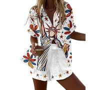 famesale Damen Sommer Hawaiian Outfits Vögel Blumen 3D-Druck Kurzarmshirt Top Kordelshorts 2-teiliger Satz Urlaub Boho Tropische Strandbekleidung