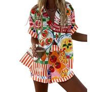 famesale Damen Sommer Hawaiian Outfits Vögel Blumen 3D-Druck Kurzarmshirt Top Kordelshorts 2-teiliger Satz Urlaub Boho Tropische Strandbekleidung